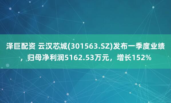 泽巨配资 云汉芯城(301563.SZ)发布一季度业绩，归母净利润5162.53万元，增长152%
